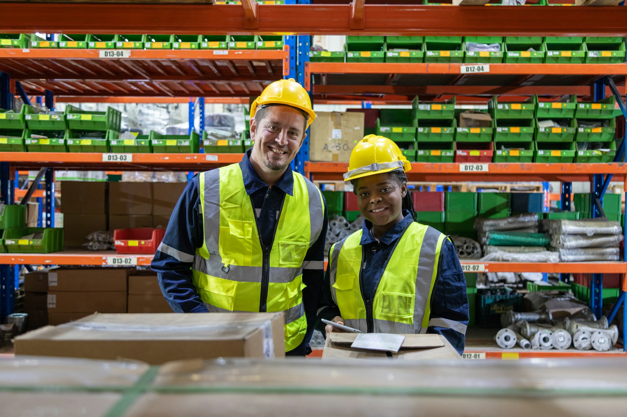 Store clerks inspect products, warehouses, industrial and logistics supply chains.